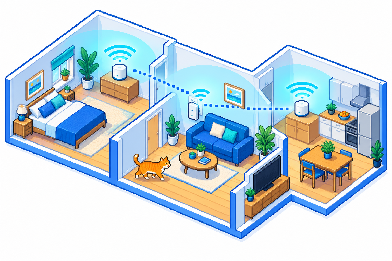 Квартира с двумя Mesh-узлами и отдельным повторителем Wi-Fi.