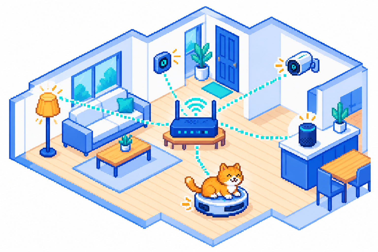 Роутер соединяет устройства умного дома, а кот катается на роботе-пылесосе.
