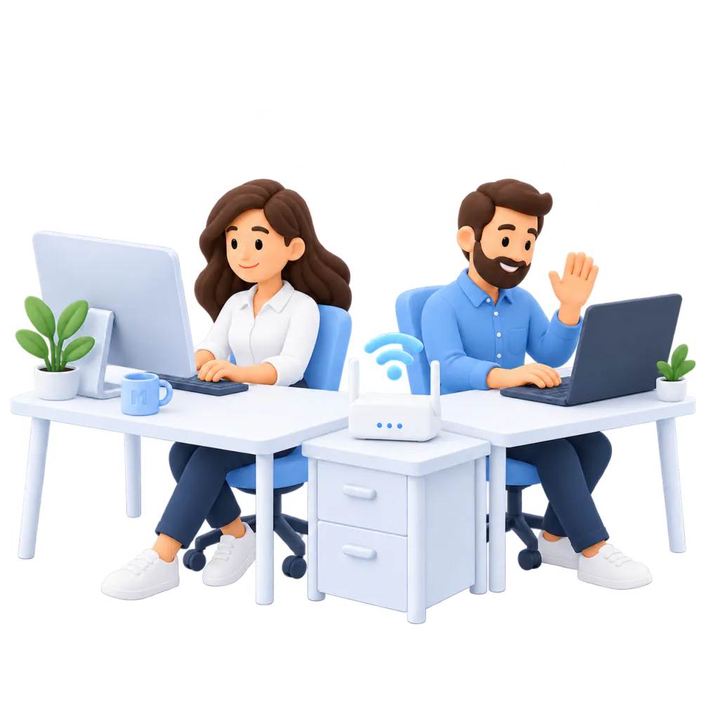 Сотрудники офиса за компьютерами, на столе Wi-Fi роутер