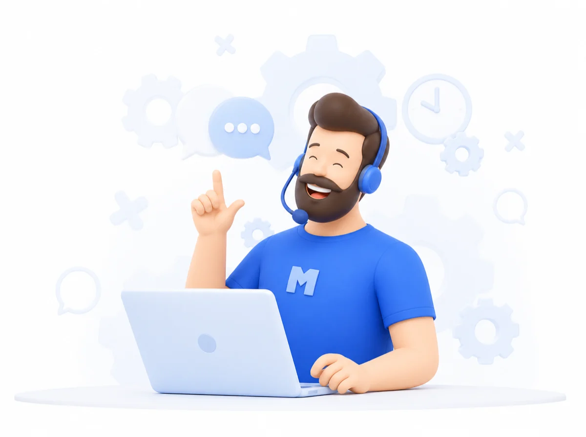 Оператор поддержки MK-net в гарнитуре за ноутбуком
