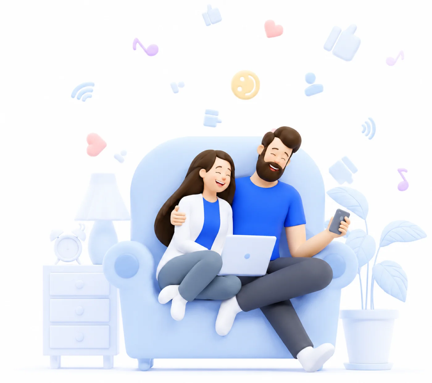 Пара на диване с ноутбуком и смартфоном — домашний интернет MK-net