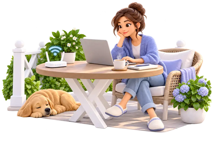 Ноутбук и Wi-Fi роутер на террасе — удалённая работа в частном доме в Акишово